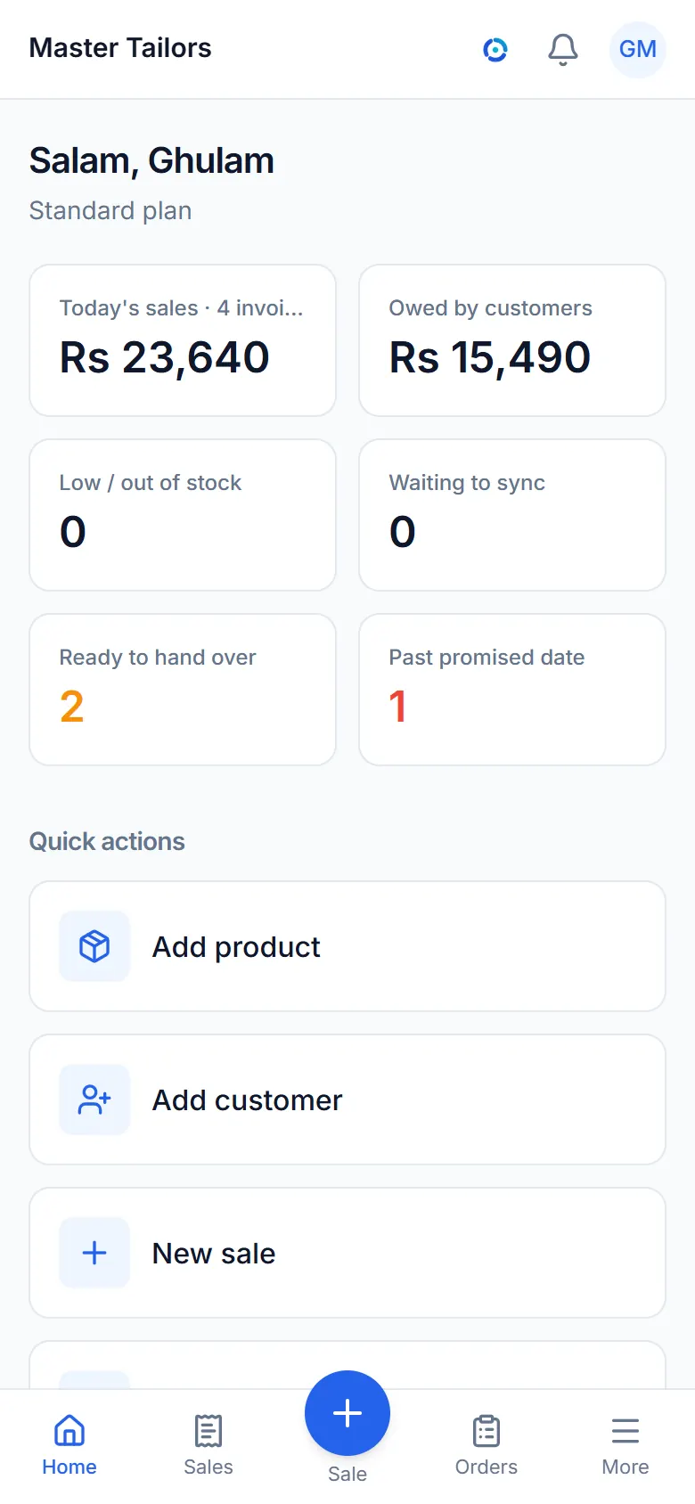 The dashboard: today's sales, what customers owe and low stock.