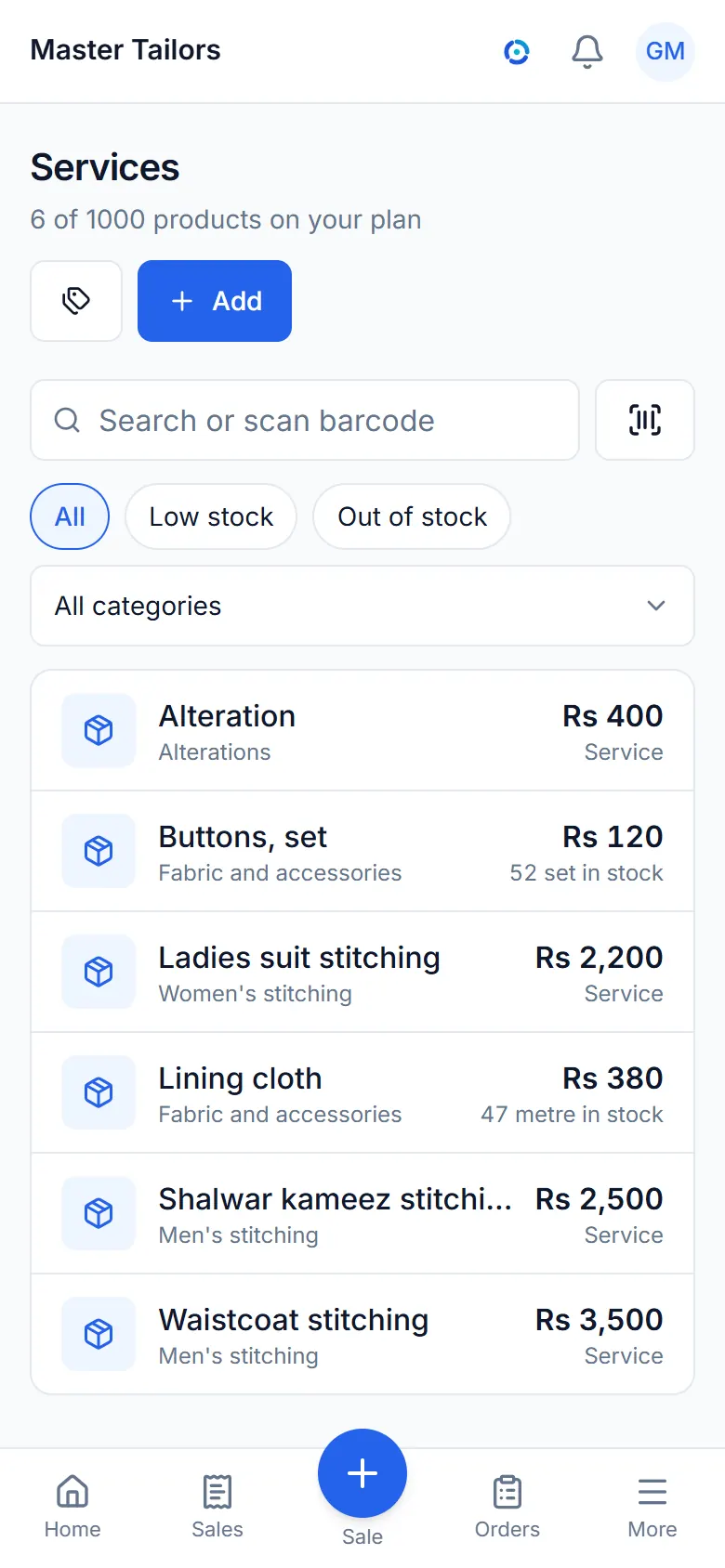 The items list with prices and stock.