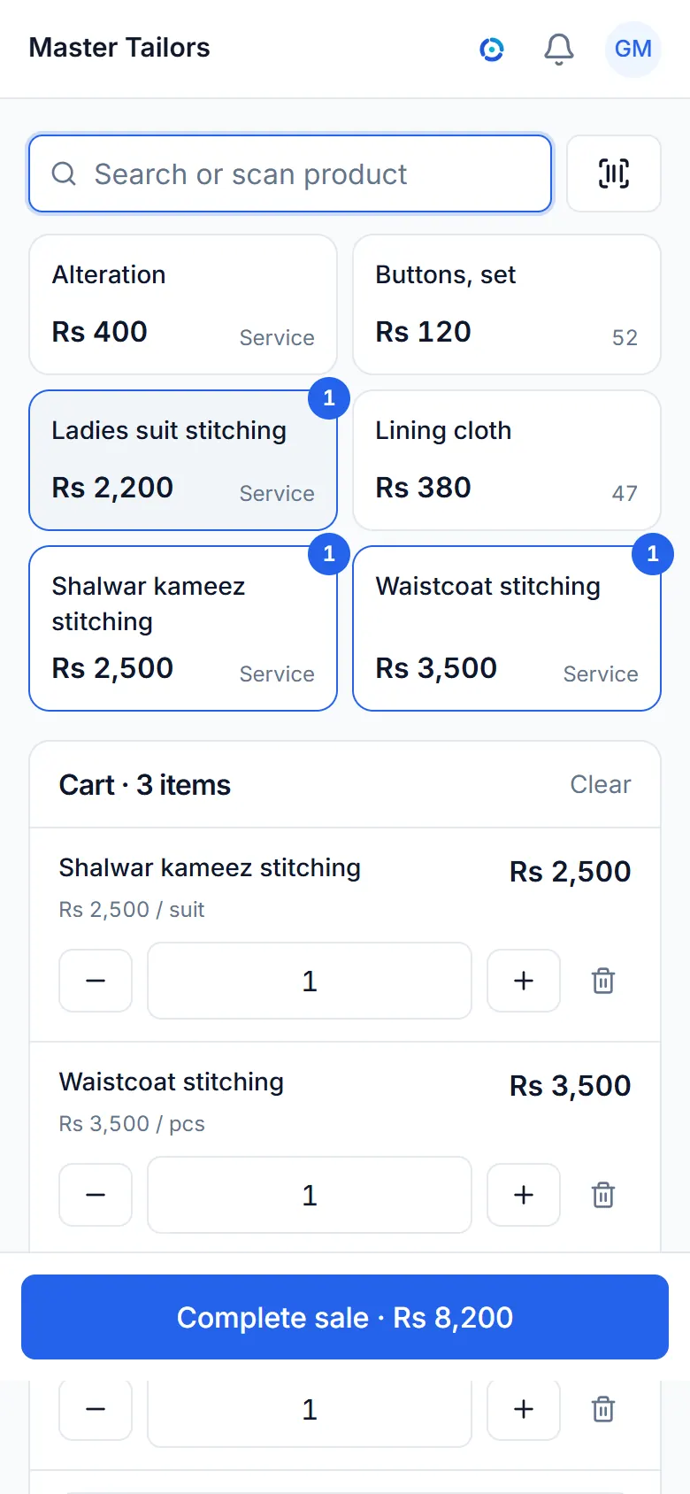 The sale screen of a sample tailors business, with its items and a bill.