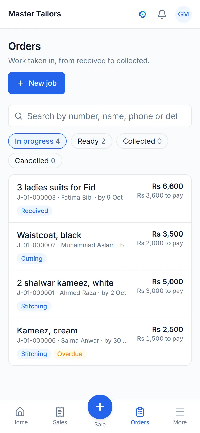 The orders screen of a sample tailor: stitching orders by status, with their due dates.