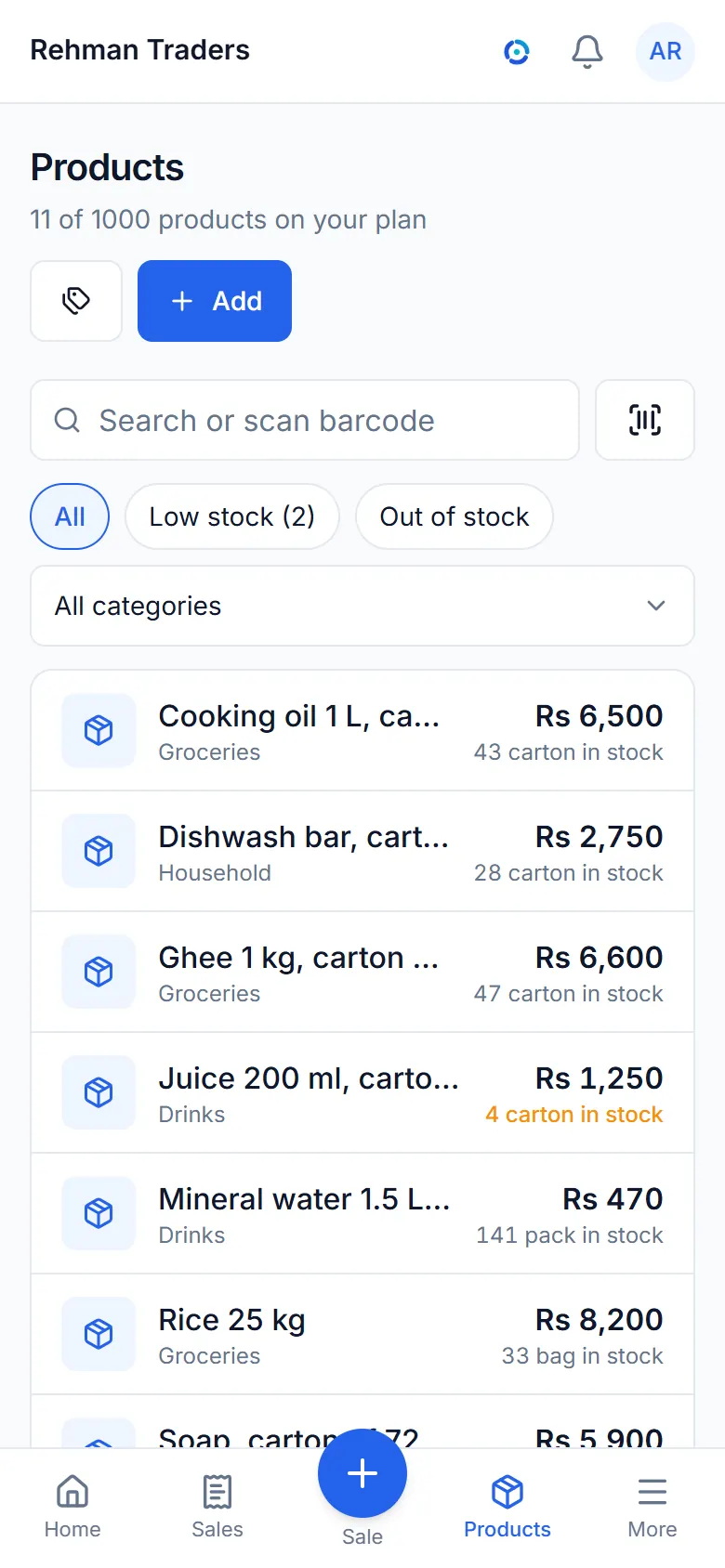The items list with prices and stock.