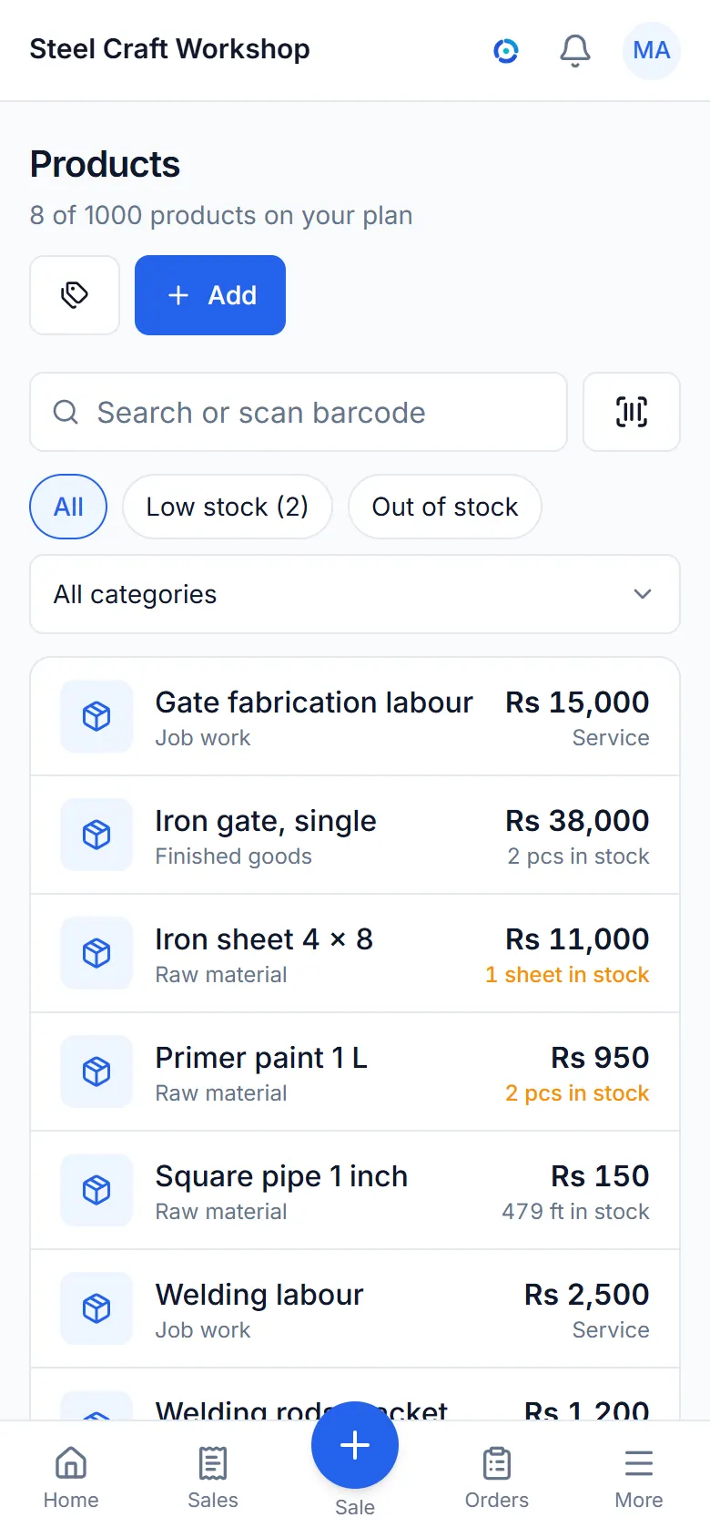 The items list with prices and stock.
