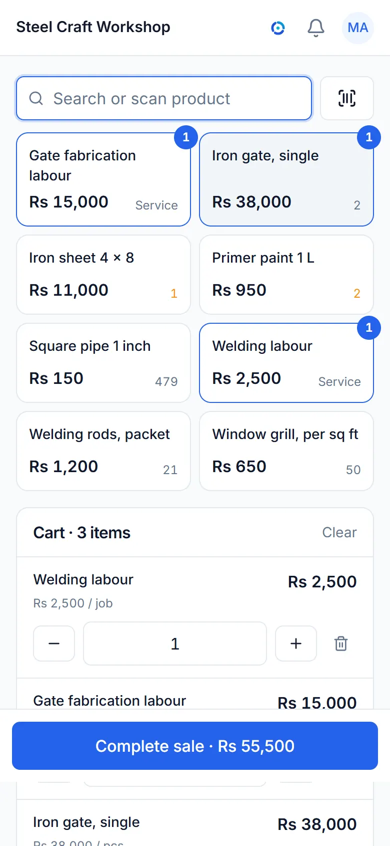 The sale screen of a sample workshops and manufacturing business, with its items and a bill.