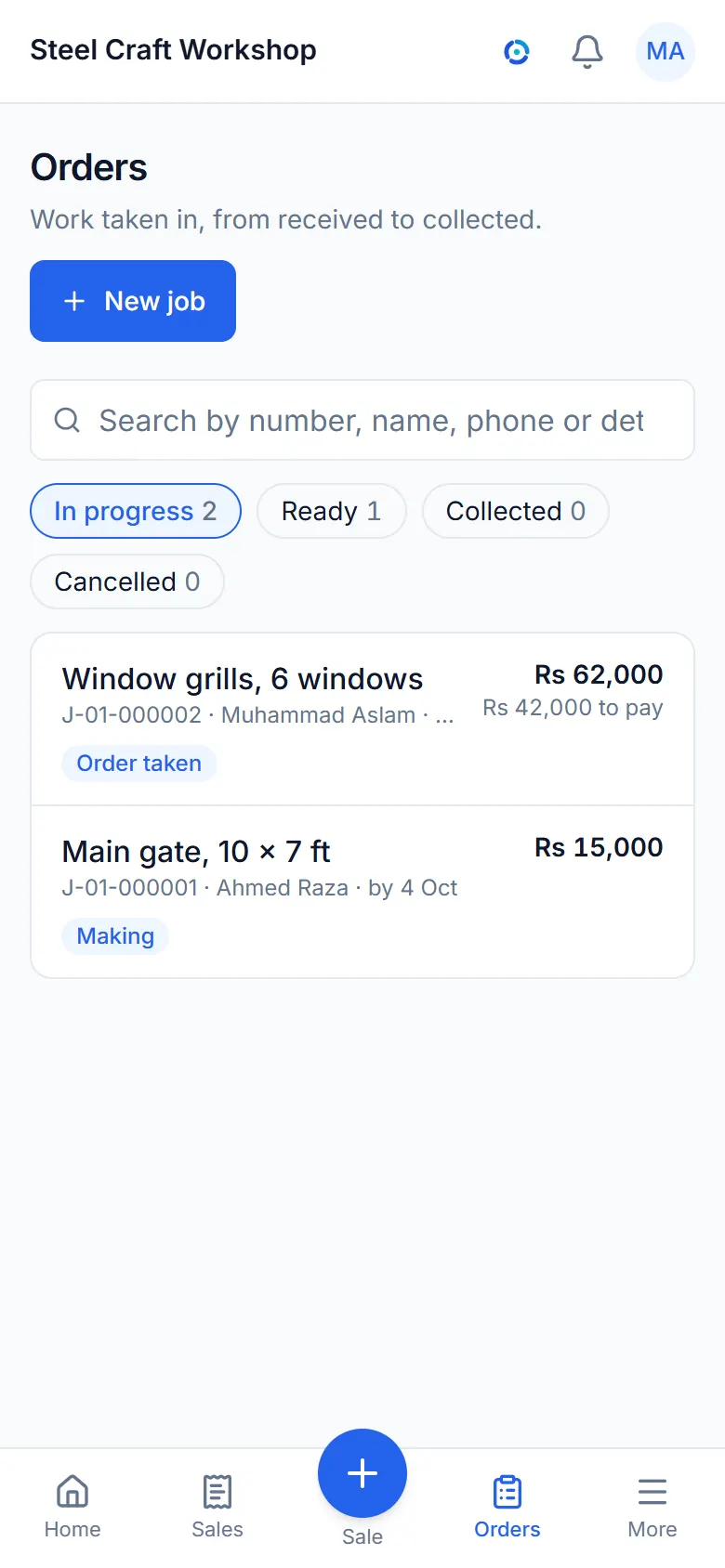 The orders screen of a sample workshop: made-to-order jobs with their advances and dates.